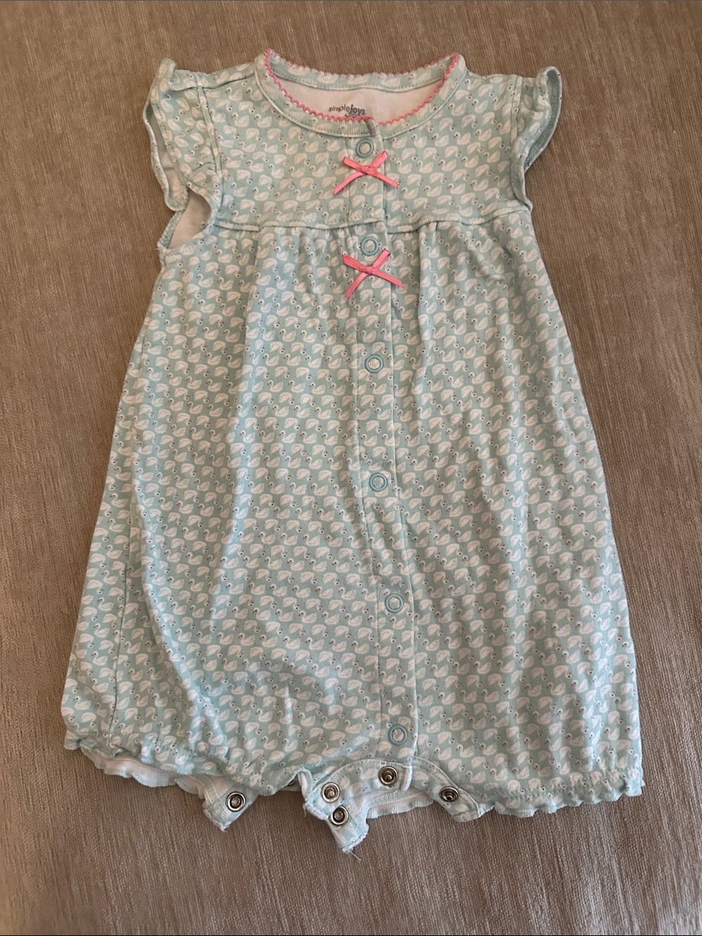 Carter's Mint Blue Swan Print Baby Girl Romper Pajama with Pink Bows